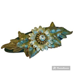 Vintage Metal Flower Leaves Hair Barrette 90s Bronze Silver Tone Long Hair 4"